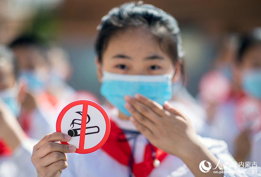 5月28日，內蒙古自治區呼和浩特市玉泉區恆昌店巷小學學生手持禁煙標志進行無煙宣傳。