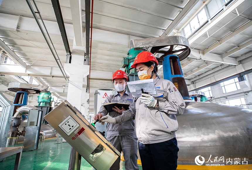 2月8日，在呼和浩特市玉泉区的齐鲁制药（内蒙古）有限公司发酵车间，工作人员在对工艺参数进行复核。丁根厚摄