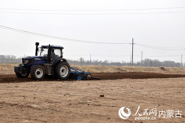 农用机具犁地、翻地。实习生 拓宇婷摄