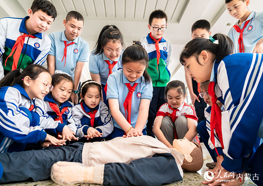 5月11日，呼和浩特市玉泉区通顺街小学学生在学习心肺复苏急救知识。丁根厚摄