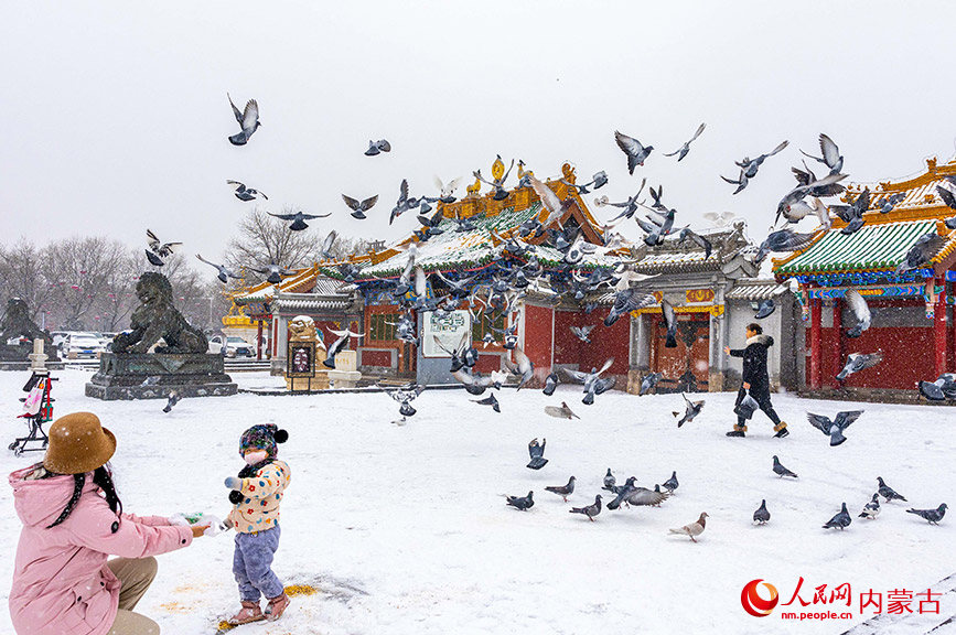 2024年1月19日，家长陪伴小朋友冒雪在呼和浩特市玉泉区塞上老街旅游休闲街区喂鸽子。丁根厚摄