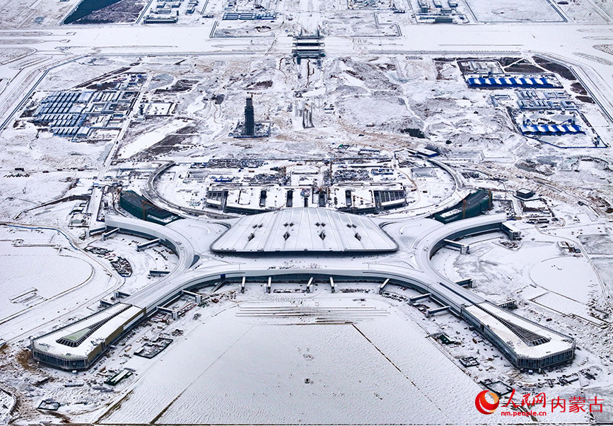 2024年3月5日拍攝的呼和浩特新機場建設工地（無人機照片）。王正攝