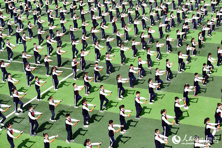 4月1日，康巴什区第一小学北校区学生在体育嘉年华活动中展演软式棒垒球团体操（无人机照片）。王正摄