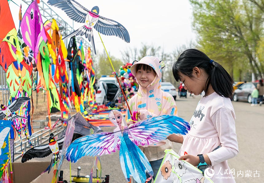 游客在呼和浩特市玉泉区第九届友好城市风筝邀请赛活动现场挑选风筝。丁根厚摄