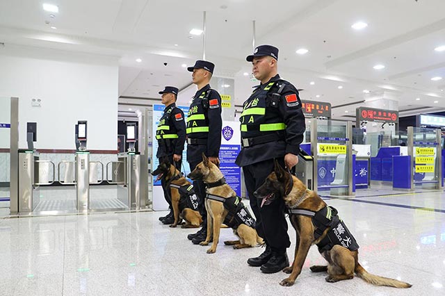 民警携犬列队等待查验旅客行李物品。李发春摄