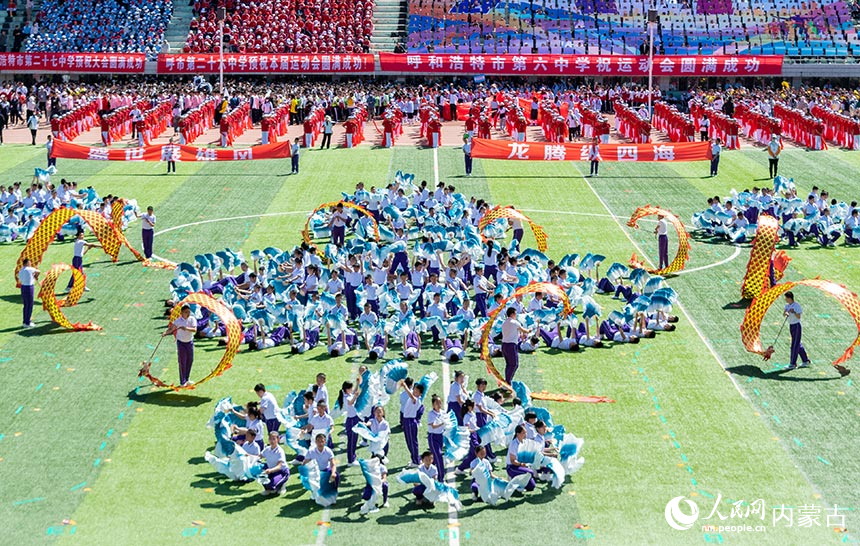 呼和浩特市玉泉区南柴火市街小学参演学生在表演艺术操《龙腾花海盛雄风》。丁根厚摄