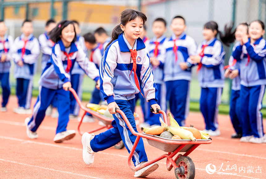 呼和浩特市玉泉區通順街小學學生在進行秋收作物運輸比賽。丁根厚攝