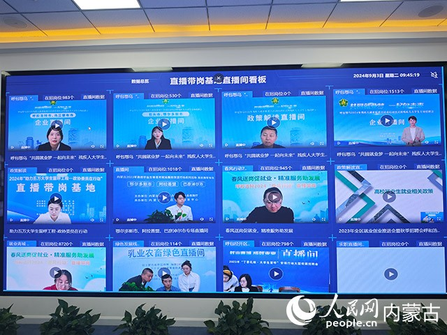 呼和浩特人力资源服务产业园内的直播带岗基地直播间看板，右上角为AI数字人主播。人民网记者 刘艺琳摄