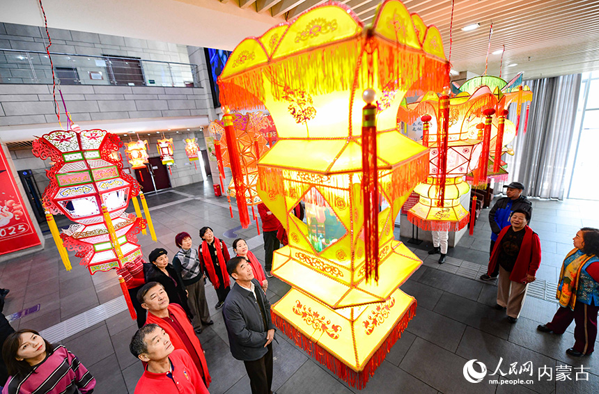 观众在鄂尔多斯市文化馆观赏福建泉州花灯展。王正摄