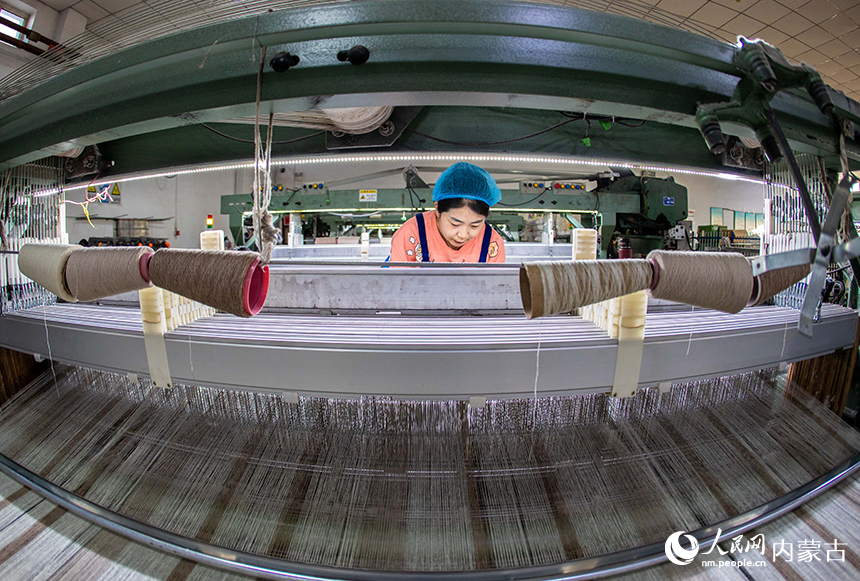內蒙古呼和浩特市玉泉區裕隆產業園精卓羊絨制品有限公司的生產車間內，工人在生產線上趕制羊絨制品訂單。丁根厚攝