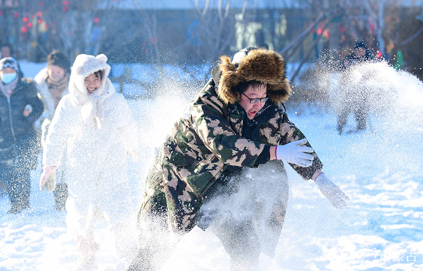 11月15日，游客在阿尔山市鹿角湾森林牧场打雪仗。王正摄