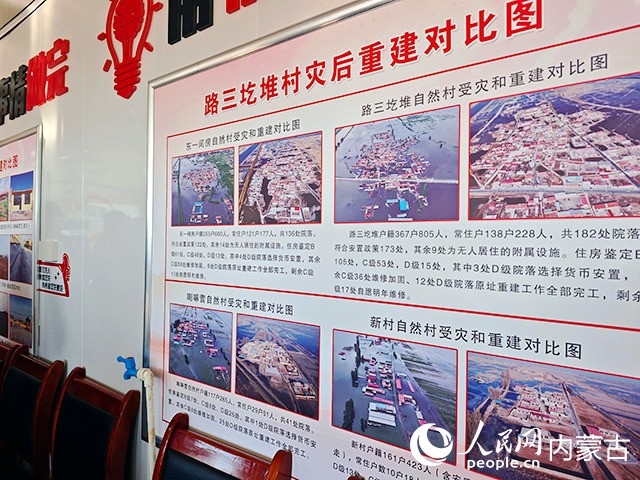 路三圪堆村灾后重建指挥部内的重建对比图。人民网记者 刘艺琳摄