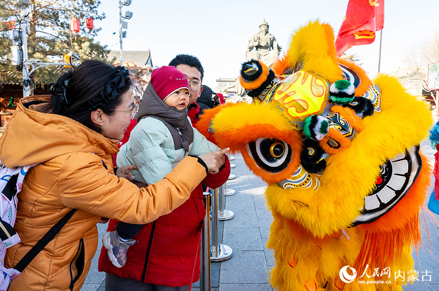 呼和浩特市“我们的节日·春节”主题活动现场，游客在观赏舞狮表演。丁根厚摄