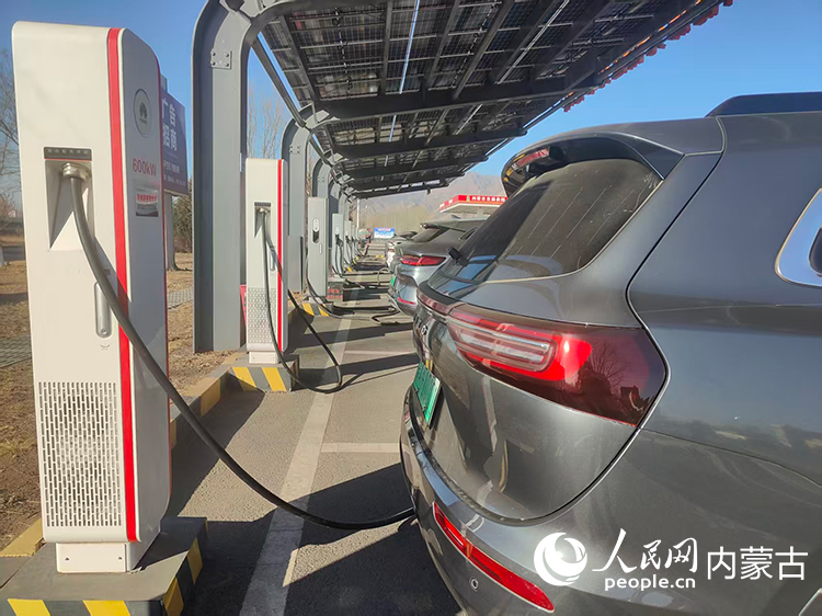 春节期间,服务区有序充电的新能源车辆。自治区交通运输厅供图