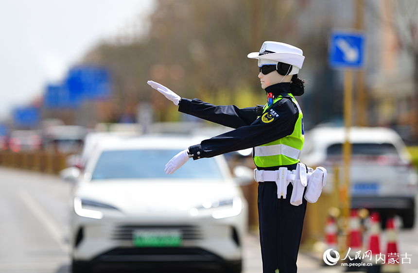 一款机器人交警在鄂尔多斯市准格尔旗薛家湾镇街头指挥道路交通。王正摄