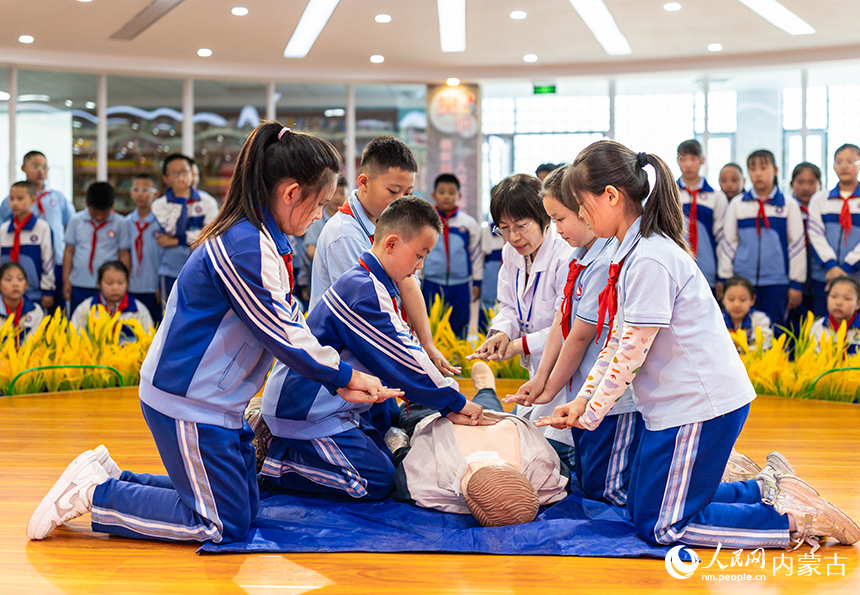 呼和浩特市玉泉区通顺街小学学生在医务人员的指导下学习心肺复苏急救技能。丁根厚摄