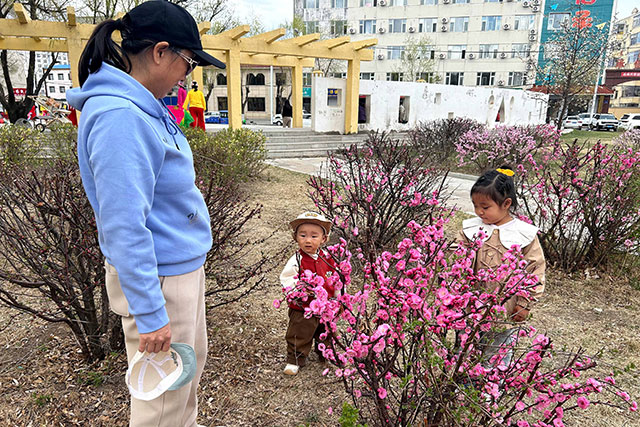 市民带着孩子游园散步、赏花拍照。