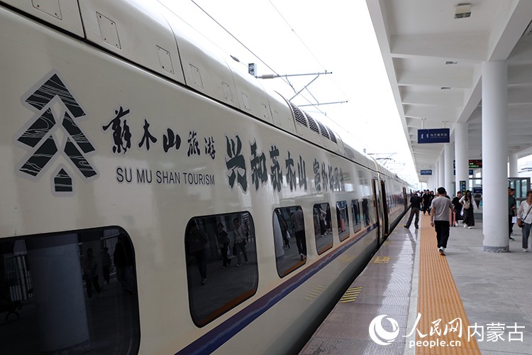 在乌兰察布站停靠的主题列车。人民网记者 张雪冬摄