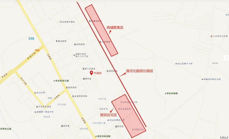 清河北路沿街商铺、居民住宅的大致位置。国家地理信息公共服务平台截图