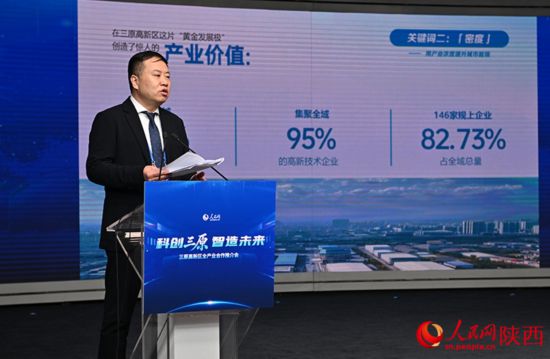 三原高新區黨工委副書記、管委會主任文鋒進行推介。人民網記者 於凱攝
